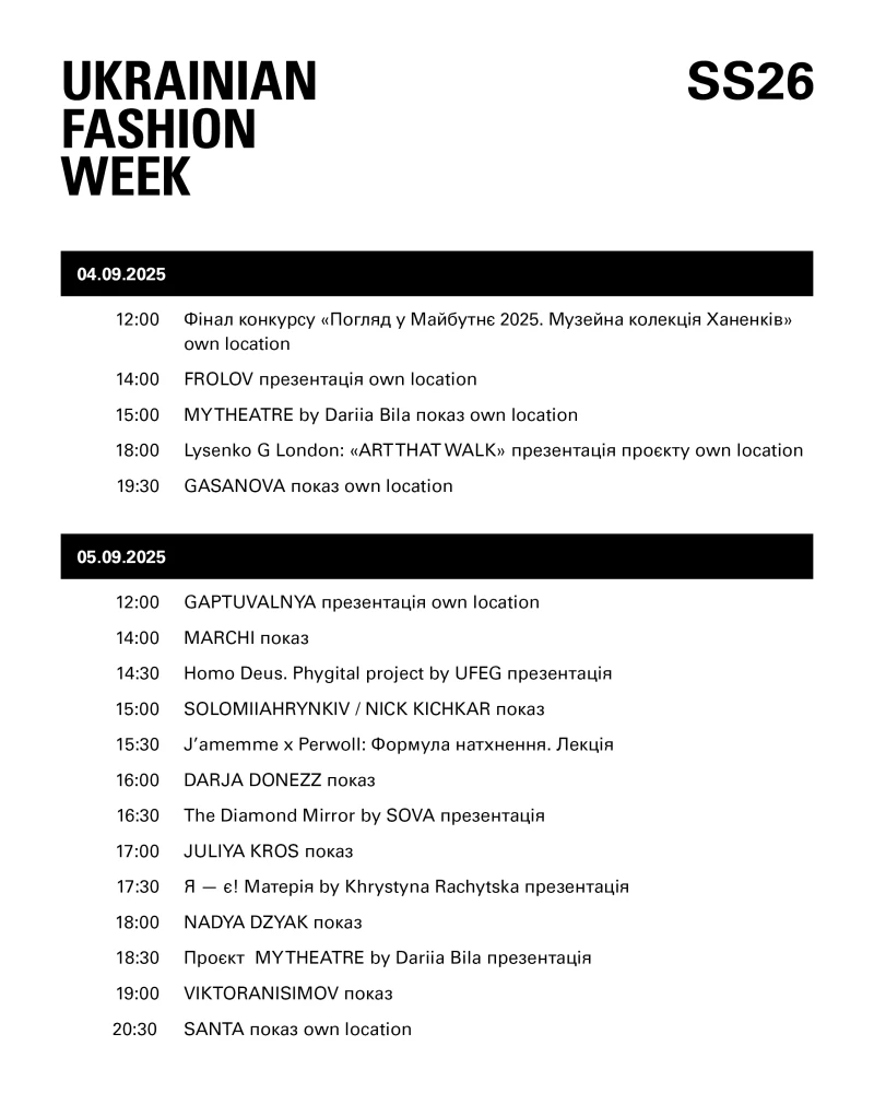 Розклад Ukrainian Fashion Week SS26 на 4 і 5 вересня